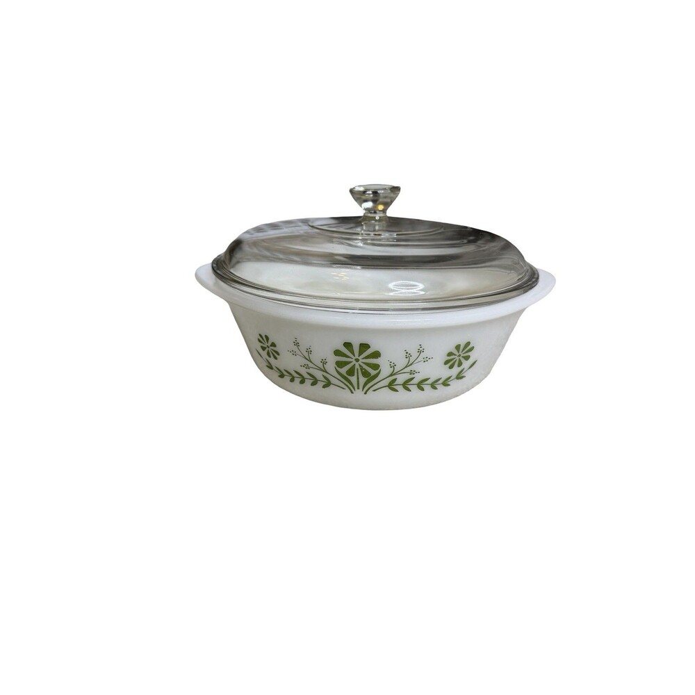 1 Qt Casserole Jeanette Glasbake Milk Glass w/ Green Daisy + Clear Lid J235 USA